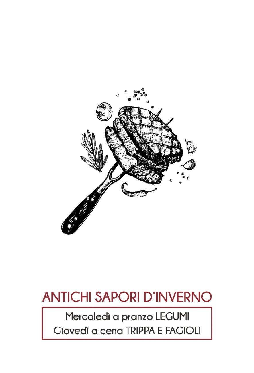 Piatto di carne disegnato su una forchetta, con la scritta: