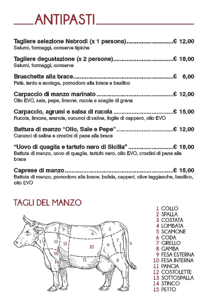 Menù con antipasti italiani e tagli di manzo, con schema di una mucca.