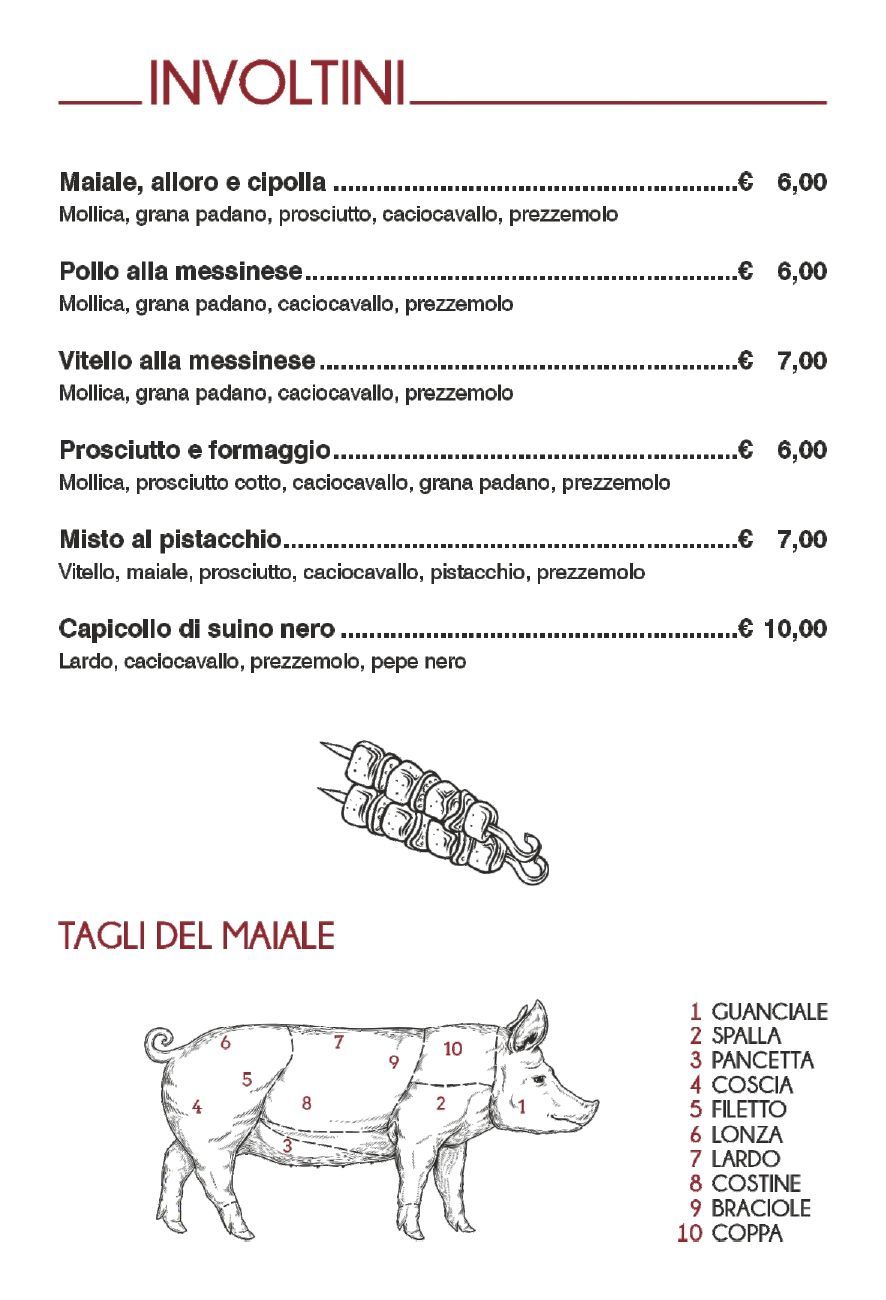 Menù con testo in italiano che elenca gli involtini e i tagli di maiale con un diagramma di un maiale.