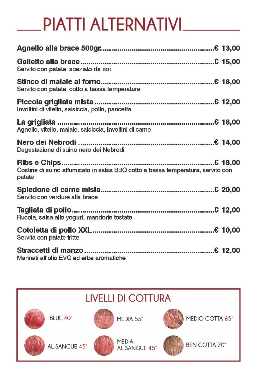 Menù di piatti alternativi con prezzi e guida ai livelli di cottura, in italiano.