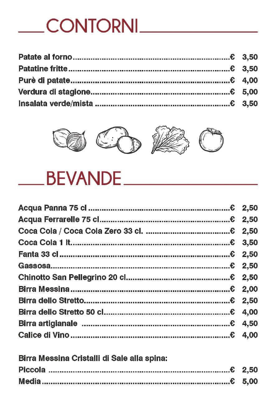 Menù con contorni e bevande, con prezzi indicati.