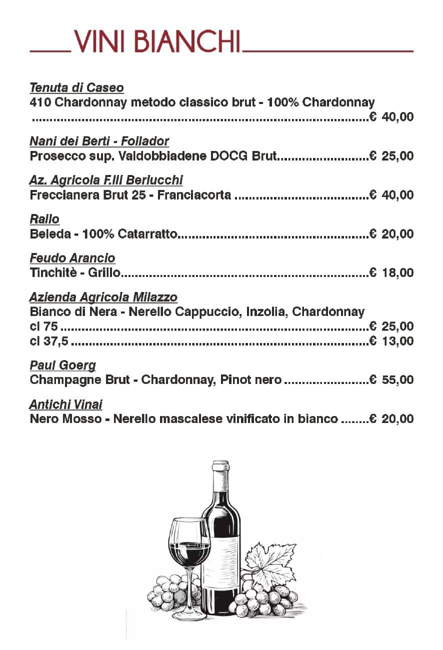 Carta dei vini con prezzi; bottiglia e bicchiere di vino raffigurati.