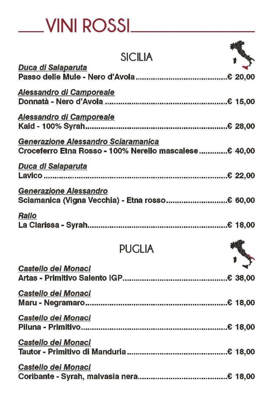 Carta dei vini con vini rossi provenienti dalla Sicilia e dalla Puglia, con relativi prezzi.