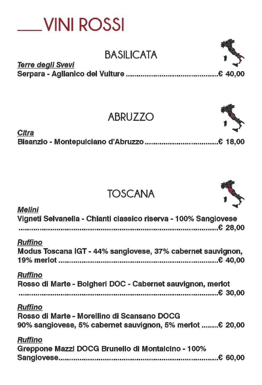 Carta dei vini con vini rossi provenienti da Basilicata, Abruzzo e Toscana, Italia; prezzi accanto a ciascuno.