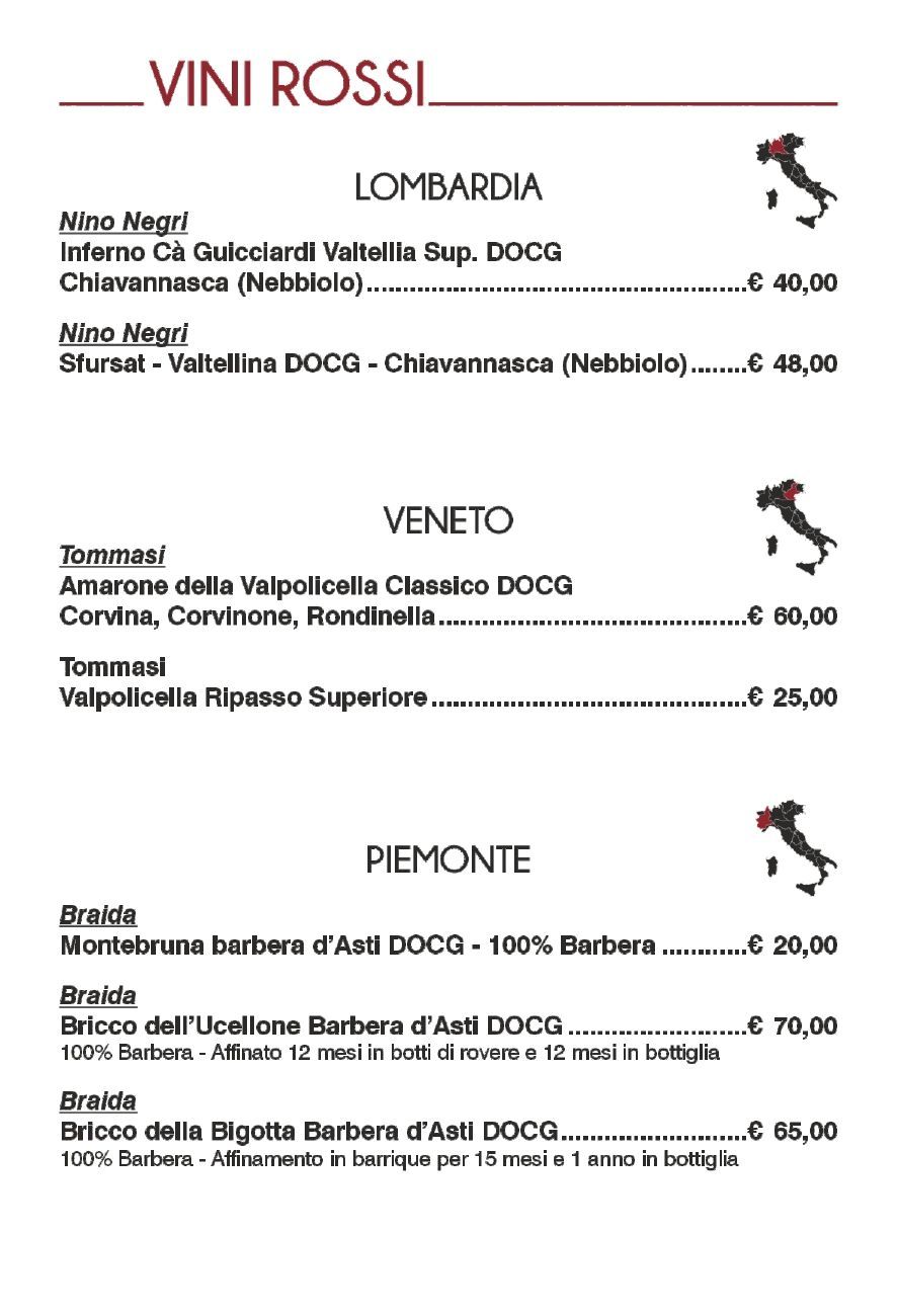 Carta dei vini con vini rossi provenienti da Lombardia, Veneto e Piemonte.