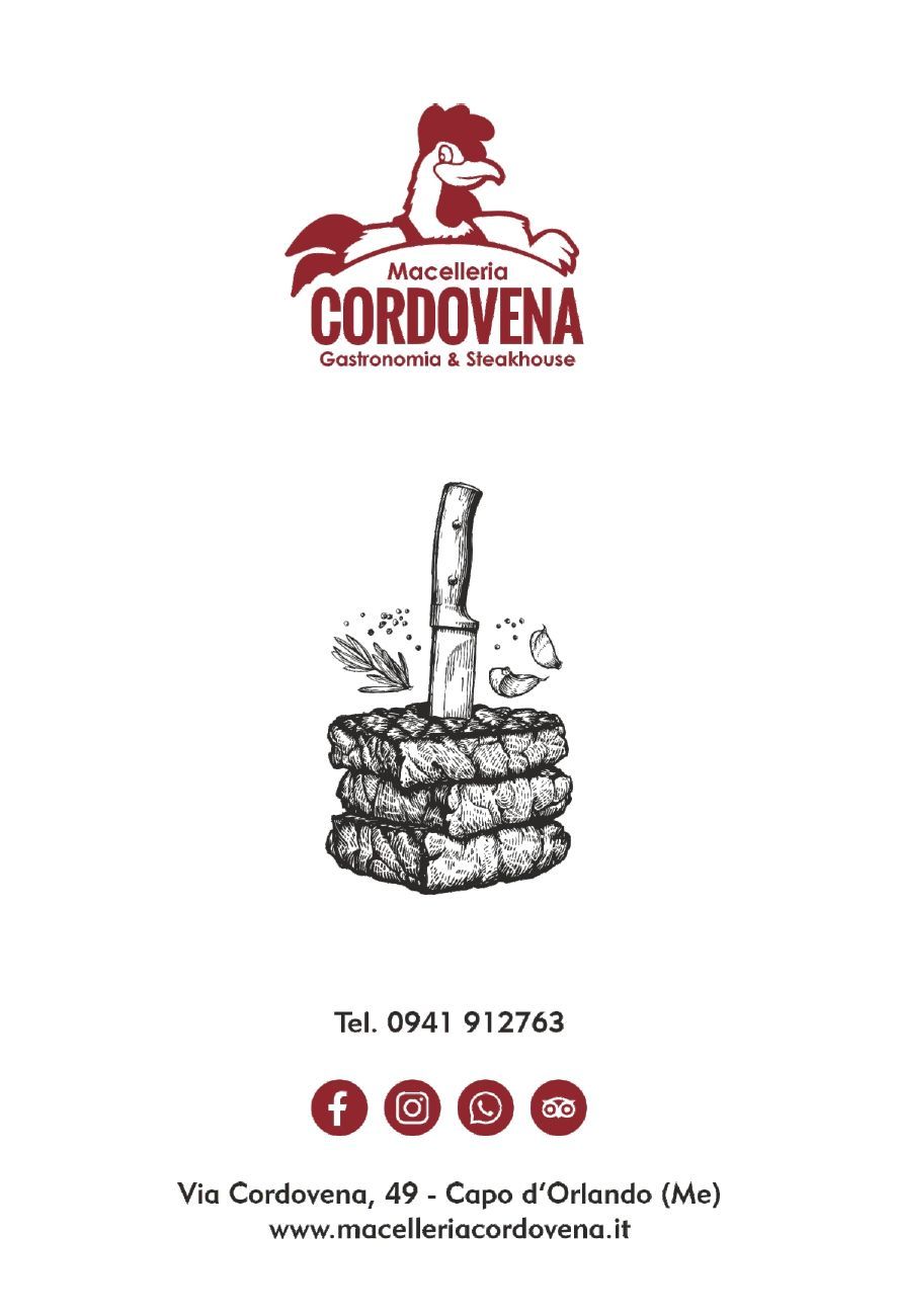 Logo del ristorante Cordovena: emblema del pollo, carne impilata con coltello, numero di telefono, icone dei social media e indirizzo.