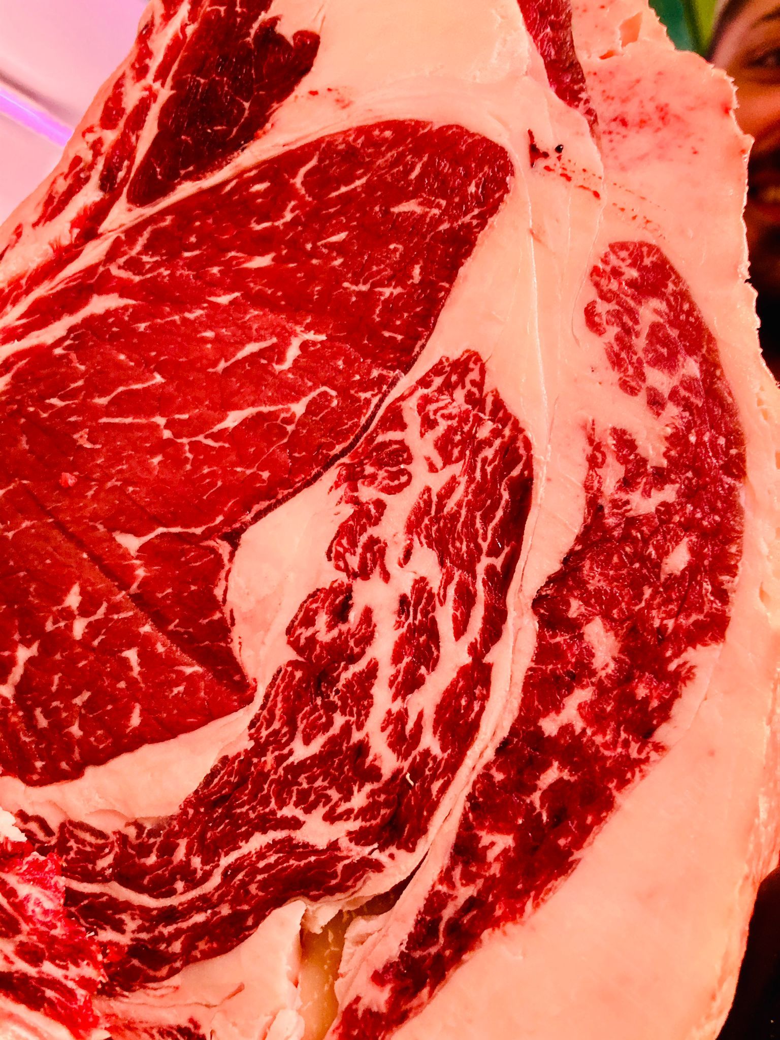 Una grande bistecca cruda con venature visibili, tenuta davanti al viso di una persona.
