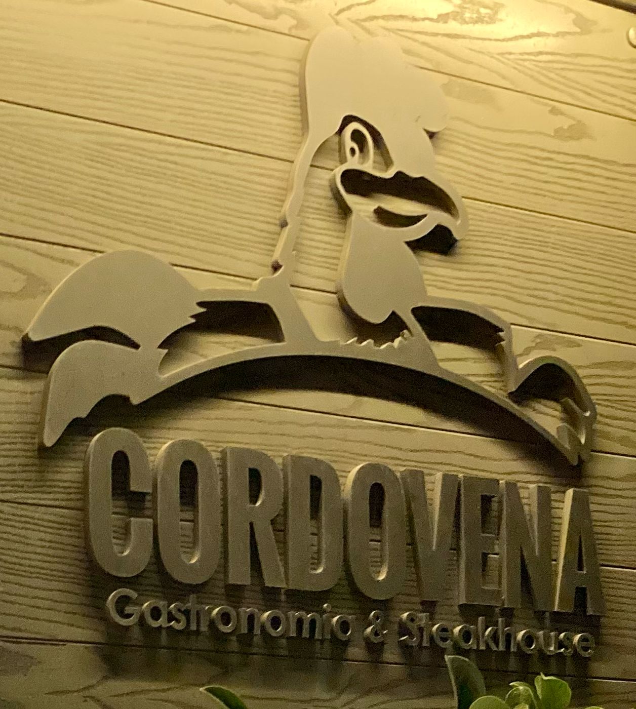 Insegna del Cordovena Gastronomia & Steakhouse raffigurante un uccello stilizzato e il nome del ristorante.