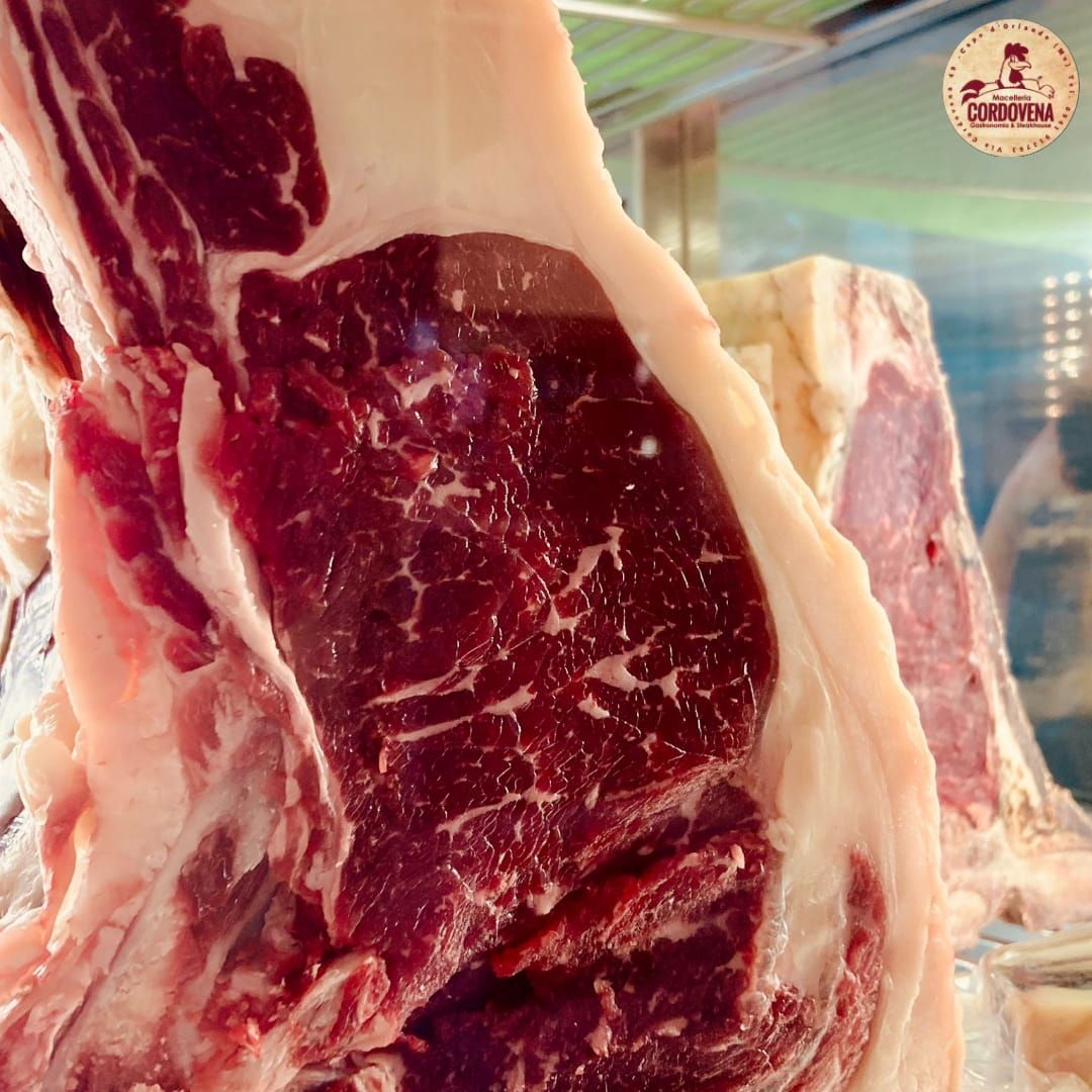 Primo piano di una grande bistecca di ribeye cruda con grasso bianco spesso e carne rosso scuro, probabilmente in una macelleria.