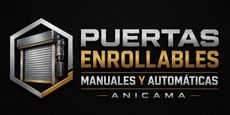 Logo de Puertas Enrollables Anicama en negro y dorado con puerta enrollable met&aacute;lica.