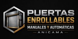Logo de puertas enrollables con texto “Puertas Enrollables”, “Manuales y Automáticas” y “Anicama” en gris y dorado.
