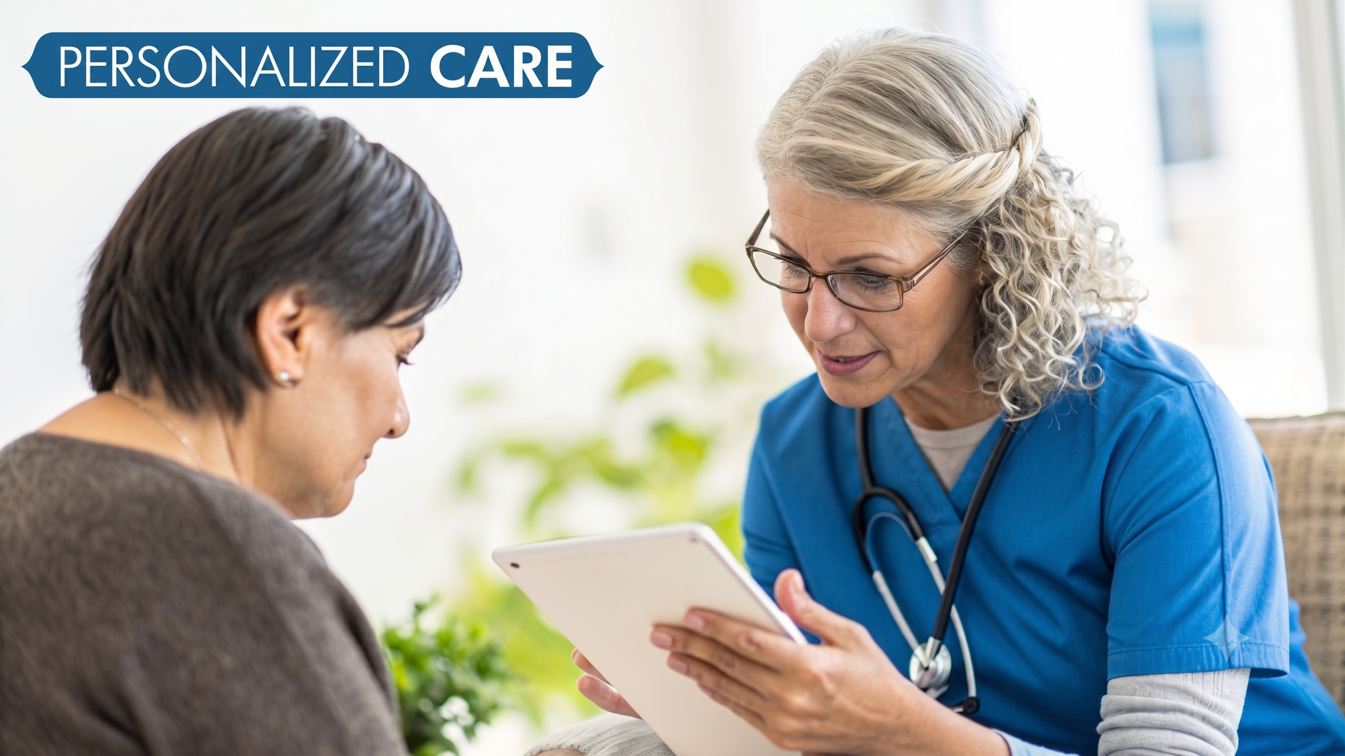 Healthcare worker in blue scrubs consulting a patient with a tablet under “Personalized Care” banner