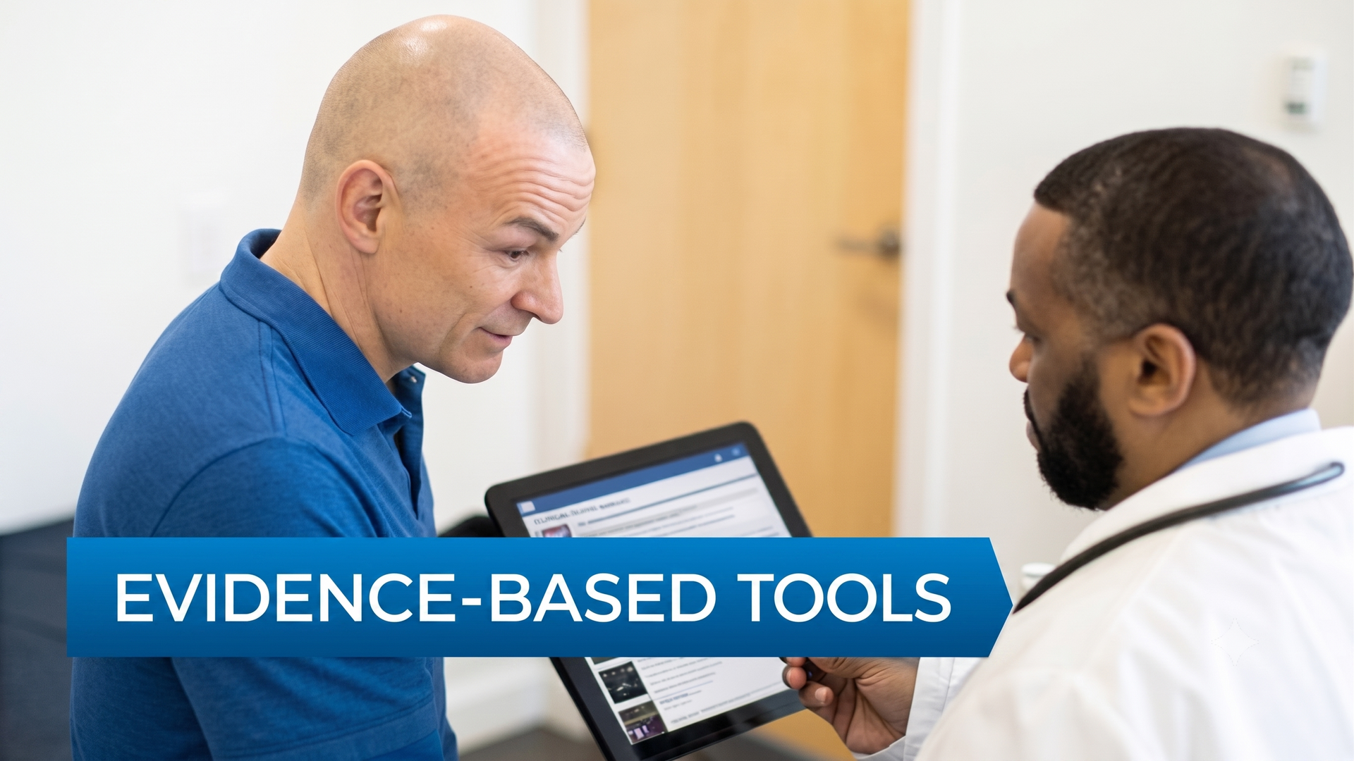 Two people discuss a tablet in a clinic, with a blue banner reading “EVIDENCE-BASED TOOLS”
