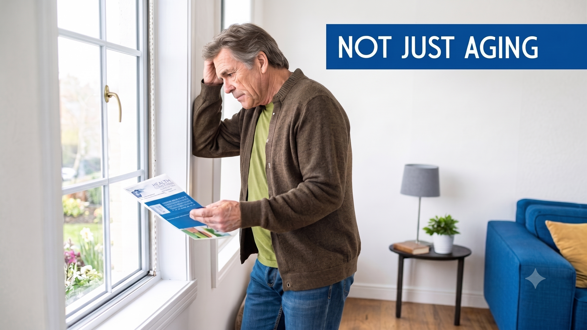 Man holding his head and reading papers by a window, with “NOT JUST AGING” text in the corner