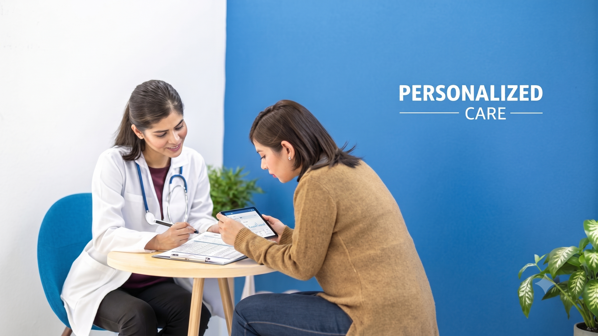 Doctor and patient discussing paperwork at a table in a bright clinic; blue wall reads “PERSONALIZED CARE.”