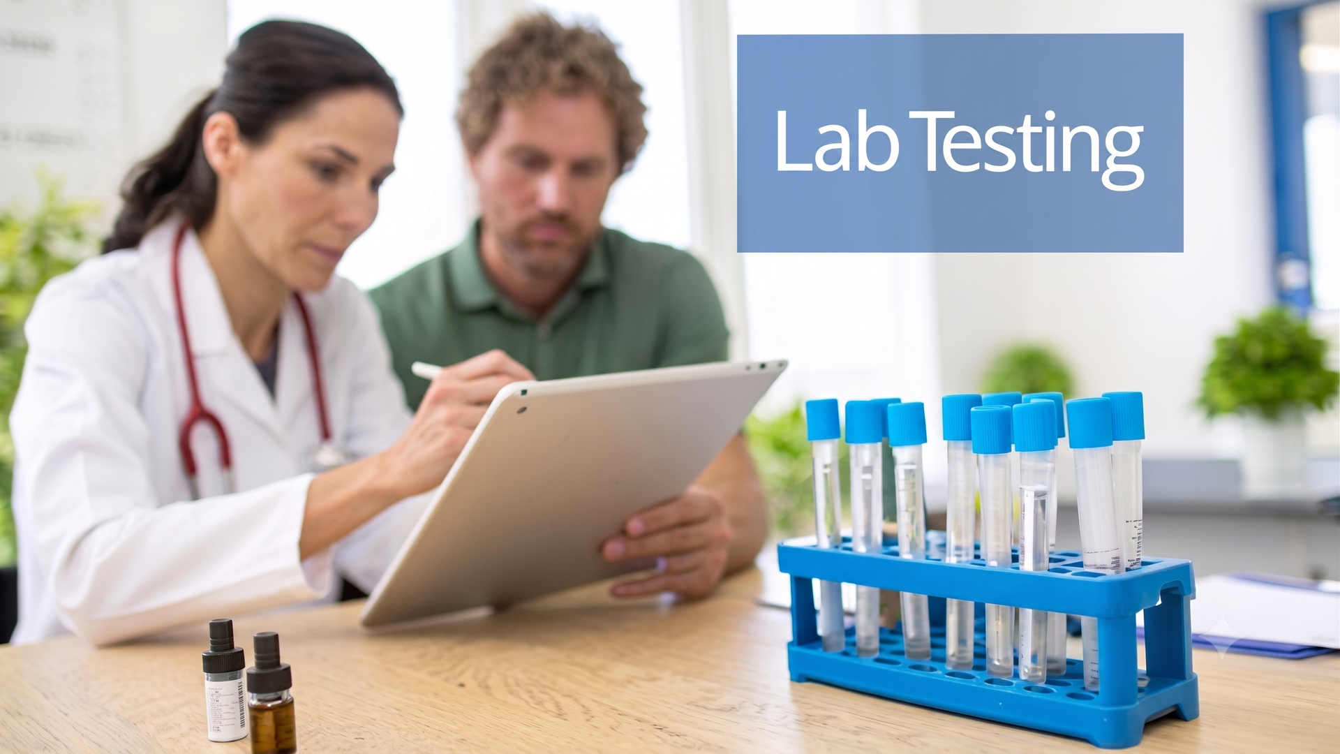 Lab technician reviewing results on a tablet beside test tubes labeled “Lab Testing”