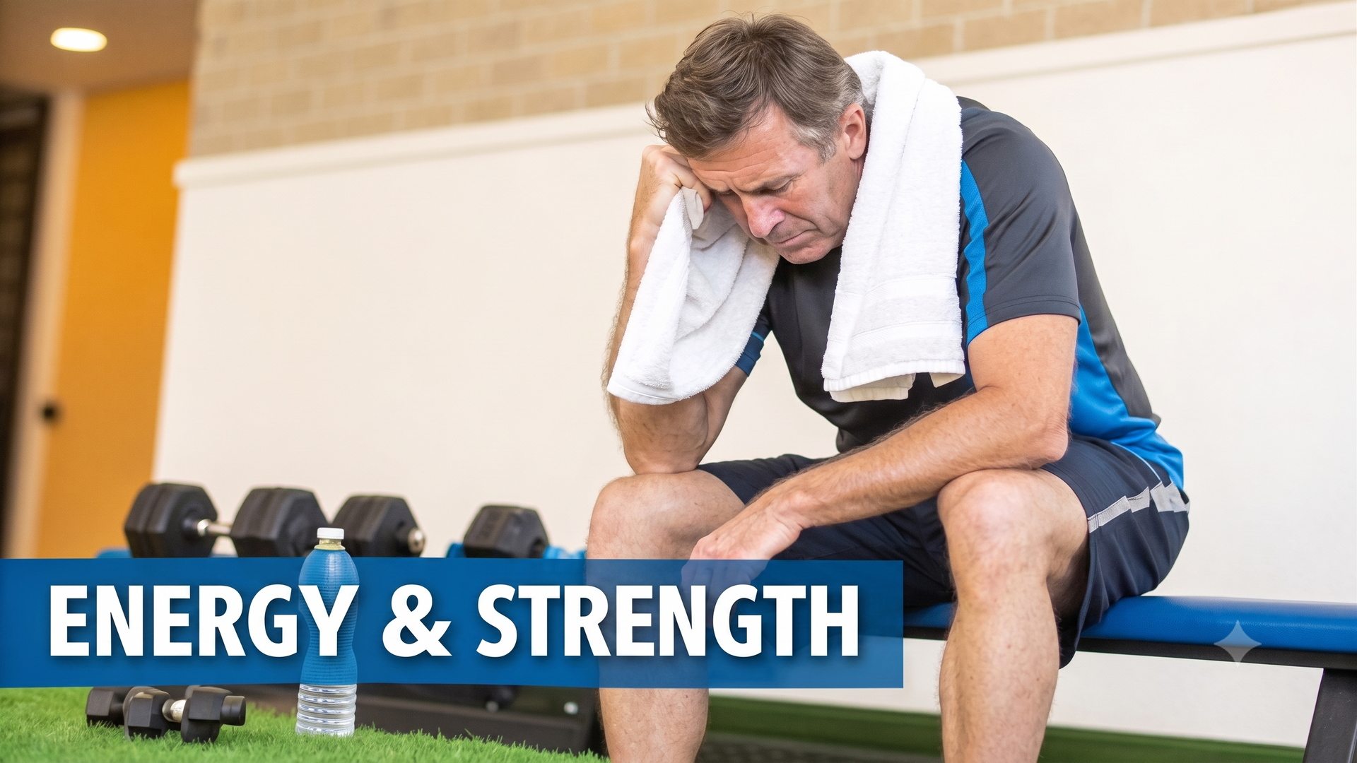 Tired man resting on a bench with towel, dumbbells nearby, banner reading “ENERGY & STRENGTH”