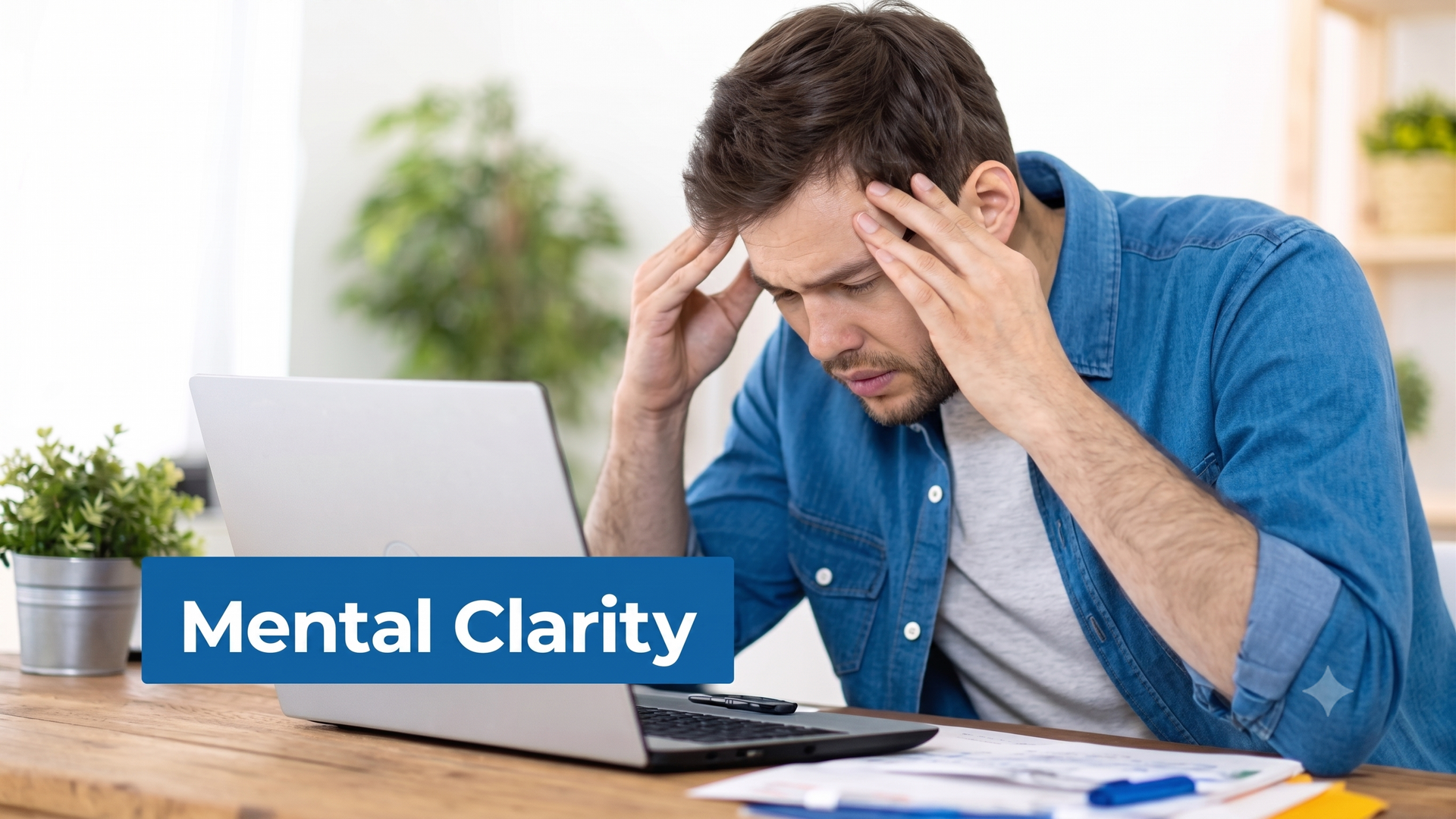 Stressed man at laptop holding his head, with “Mental Clarity” text overlay.