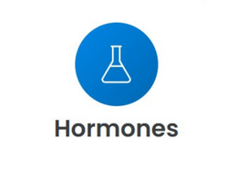 Blue circle with white lab flask icon above the word “Hormones”