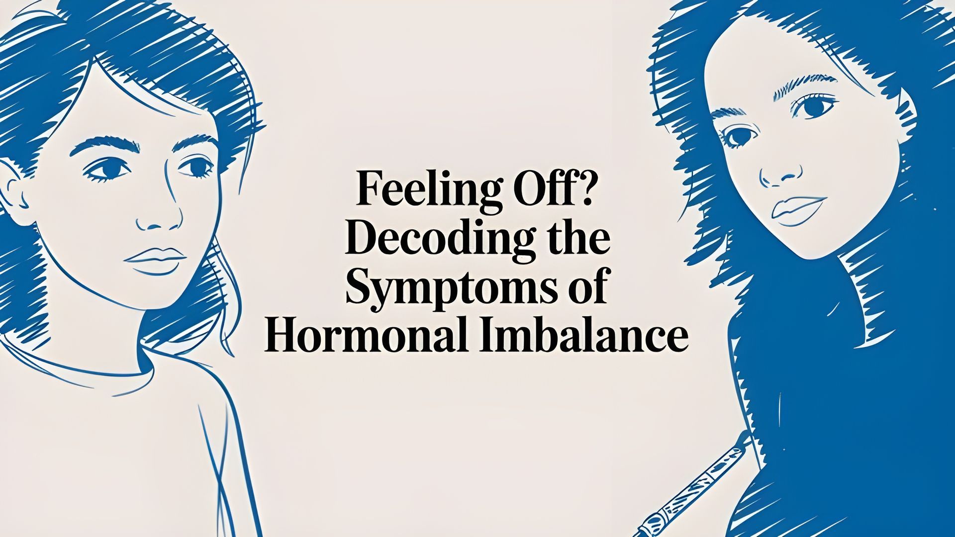 Two illustrated faces in blue and white with text: “Feeling Off? Decoding the Symptoms of Hormonal Imbalance”