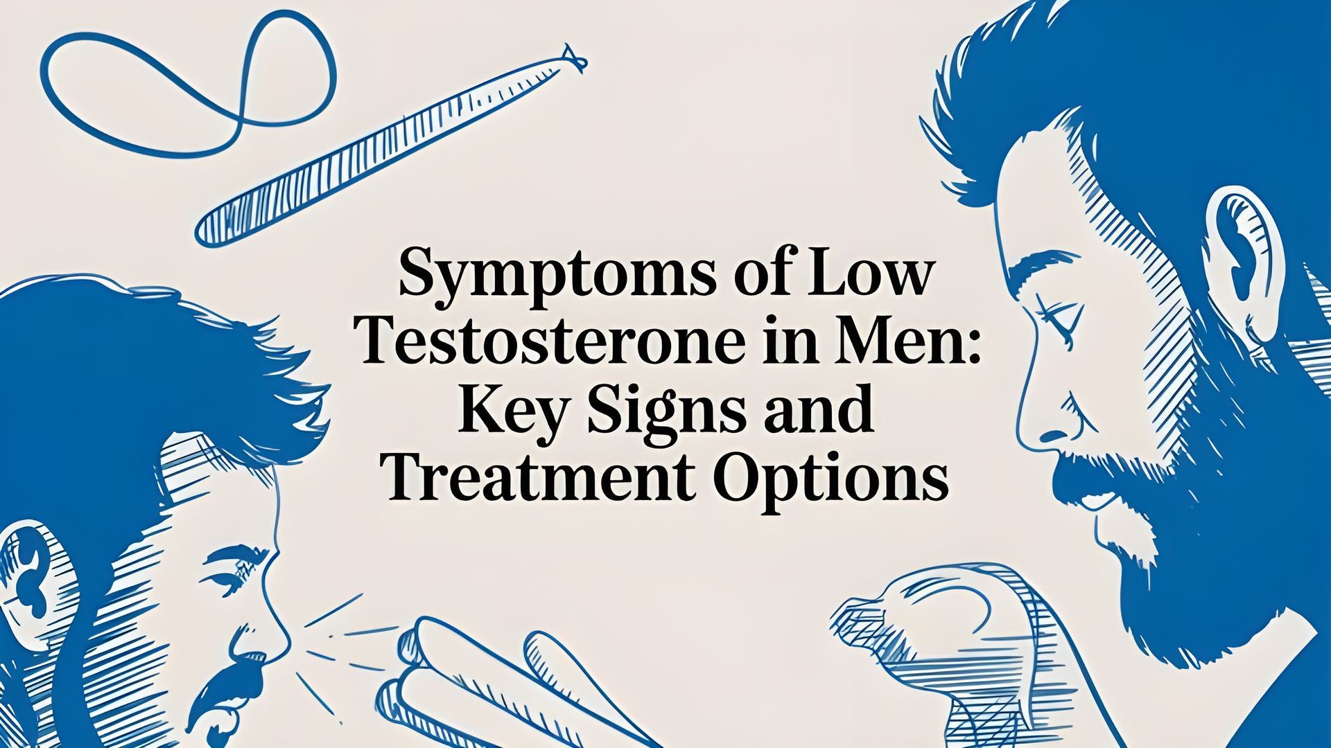 Blue medical illustration with title “Symptoms of Low Testosterone in Men: Key Signs and Treatment Options”