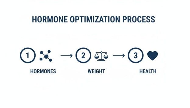 Hormone optimization process infographic: hormones to weight to health, shown with icons and arrows.