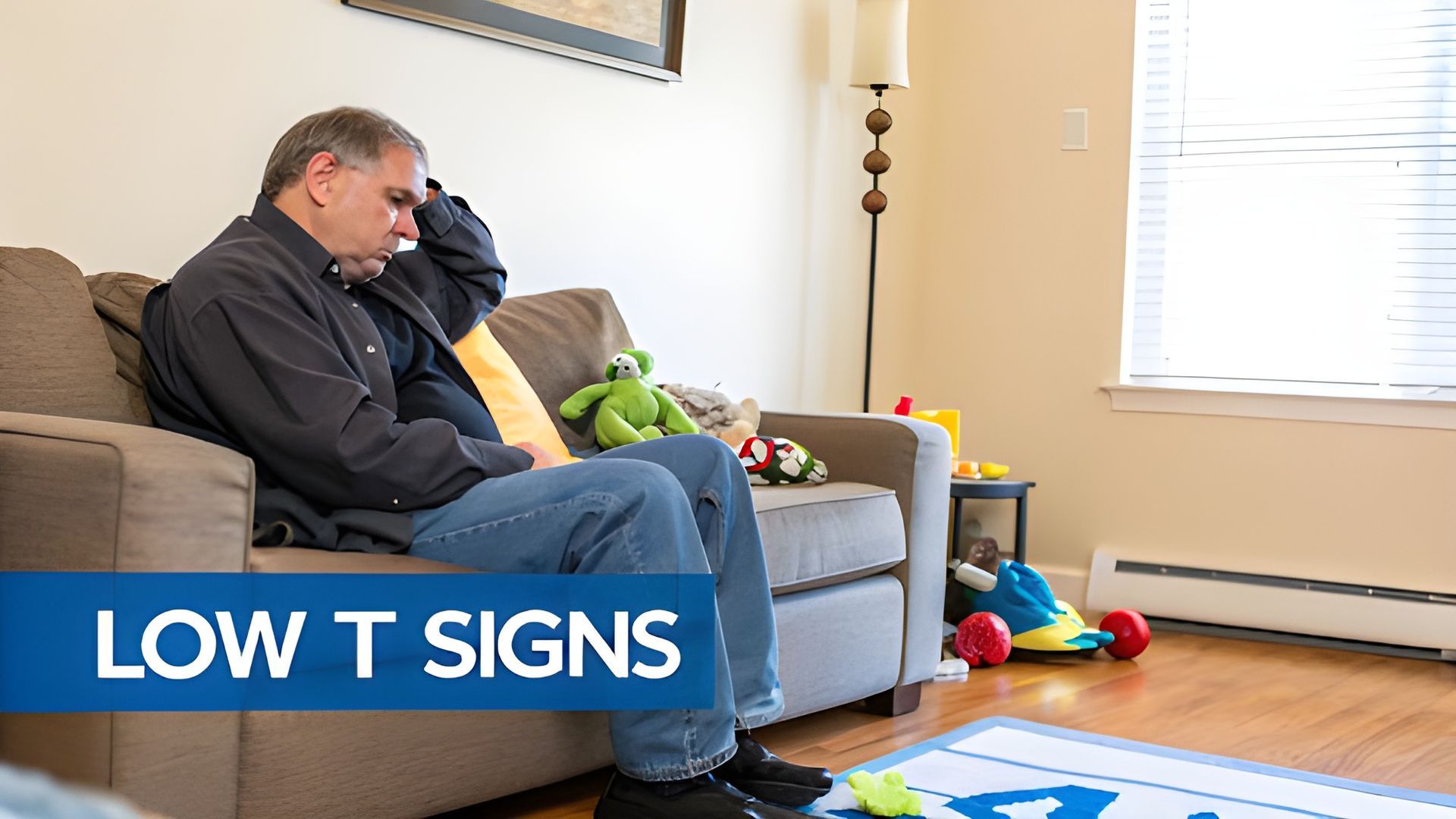Man in blue sweater drinking coffee and reading a brochure at a kitchen table; text says “Is HRT Right?”