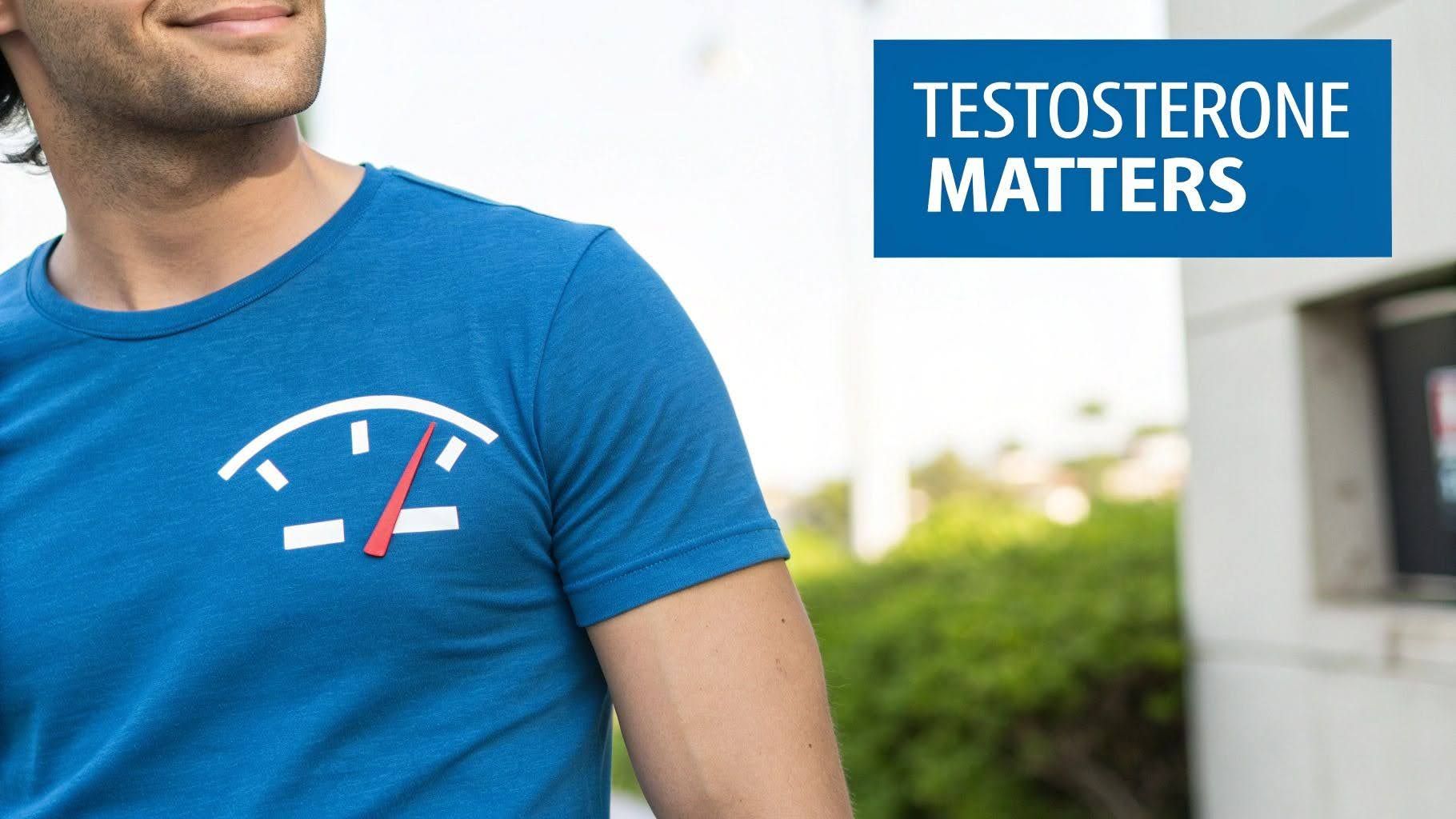 Blue-shirted person with a testosterone gauge graphic and text reading