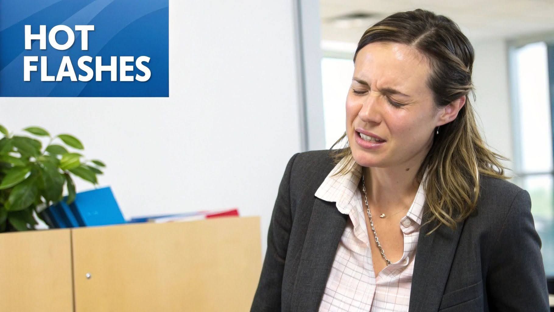 Woman in an office grimacing from a hot flash, with “HOT FLASHES” text on the screen