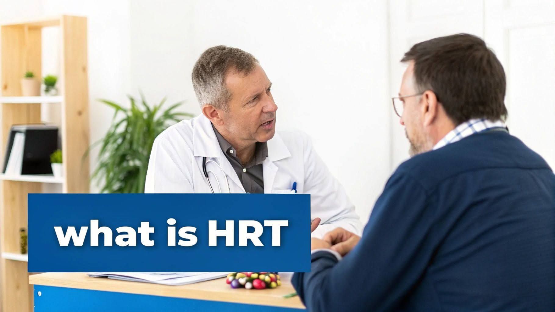 Doctor talking with patient in a clinic, with a sign reading “what is HRT”