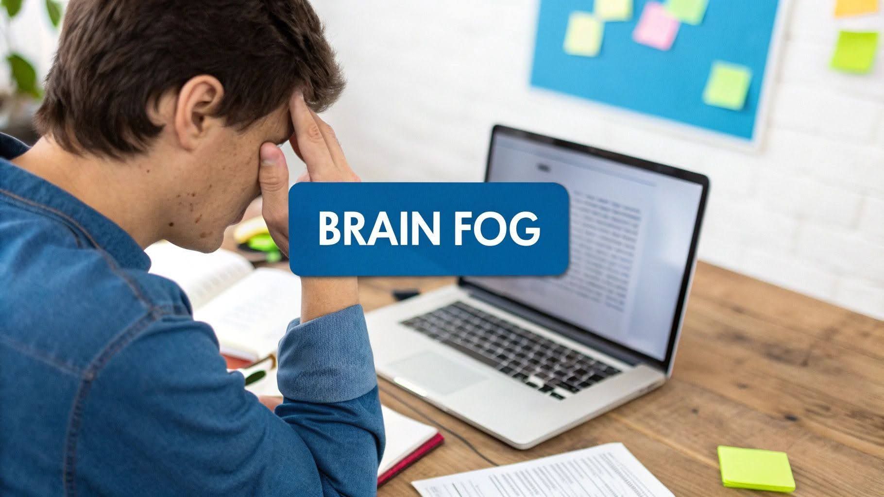 Person holding head at laptop with “BRAIN FOG” label in a home office