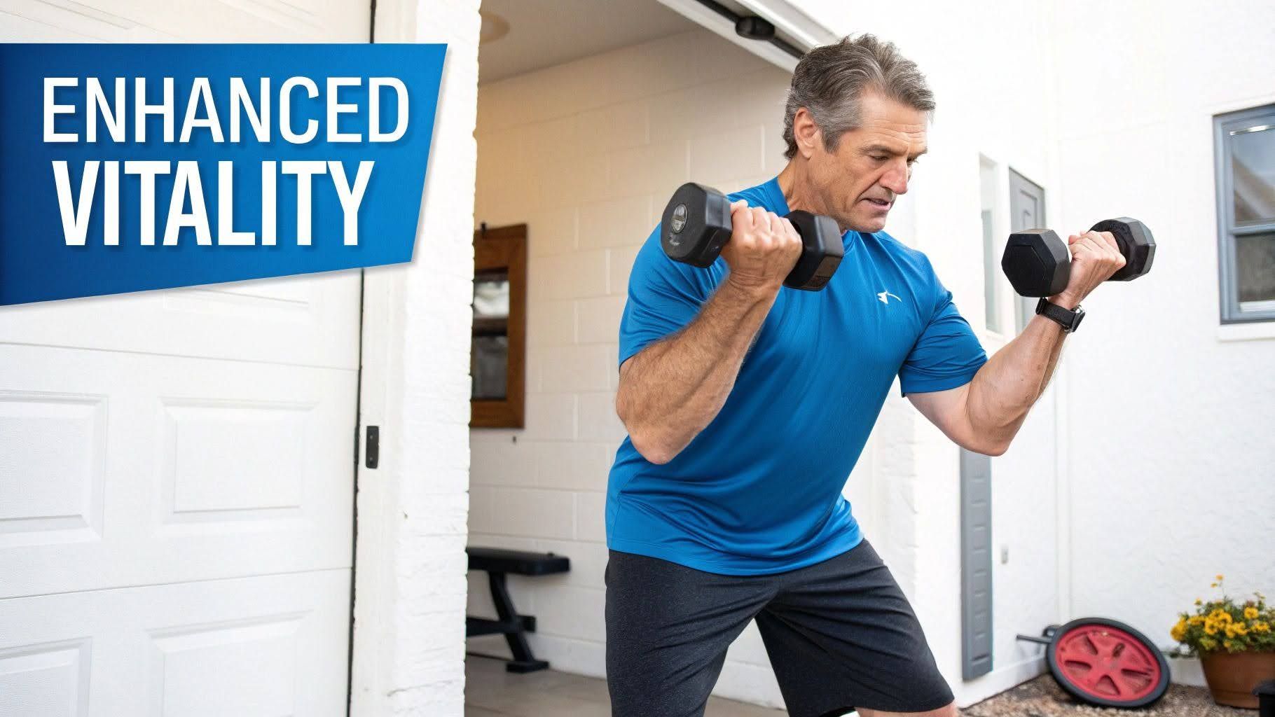 Man lifting dumbbells indoors, with “ENHANCED VITALITY” text in the corner.