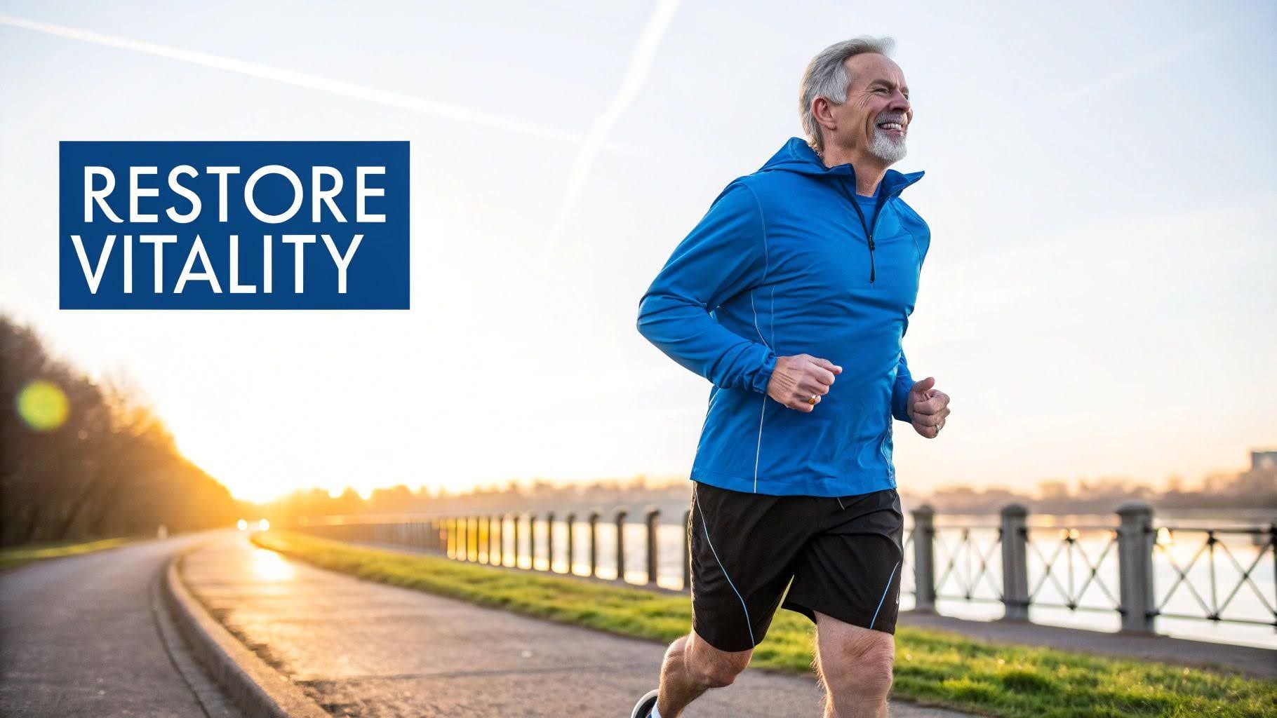 Runner in blue jacket on waterfront path at sunrise with “RESTORE VITALITY” text.