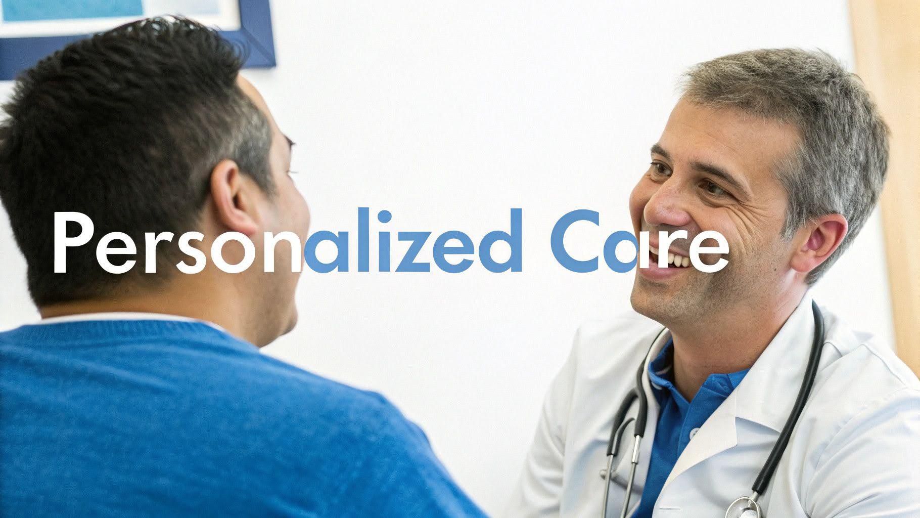 Doctor speaking with a patient in a clinic, with “Personalized Care” text overlay.