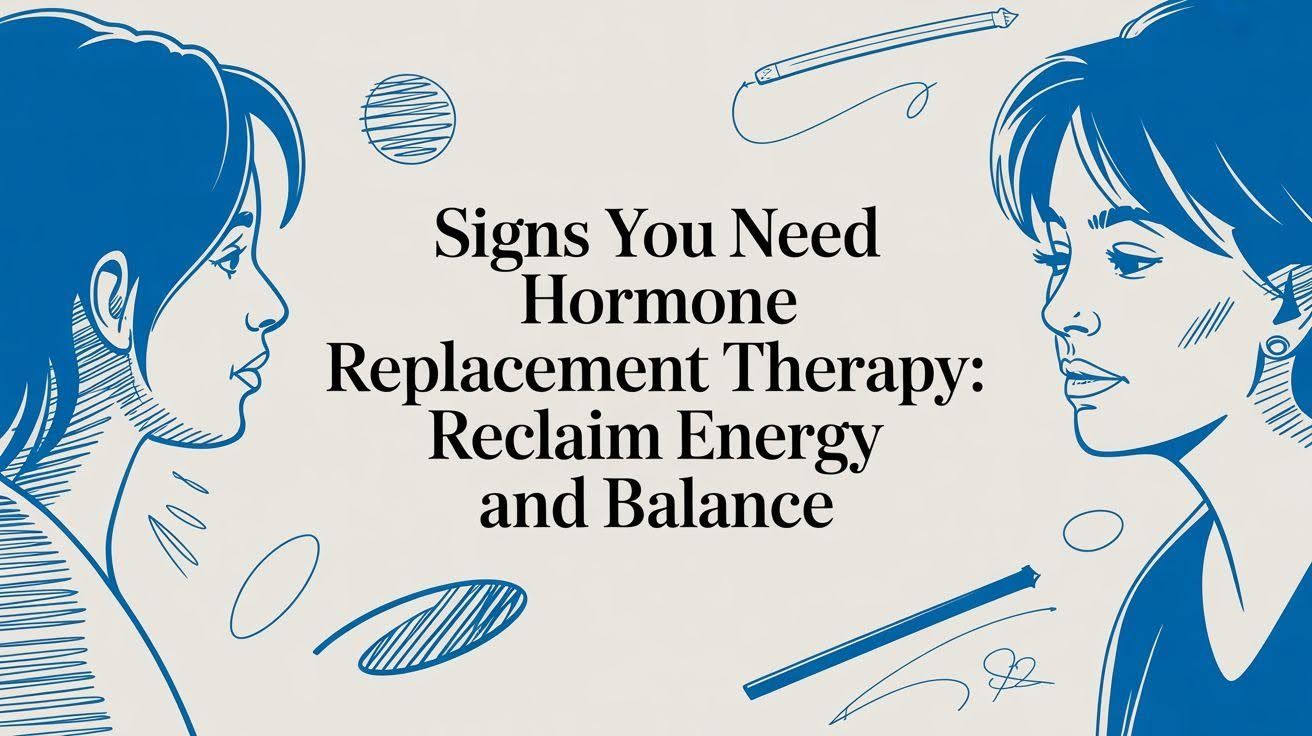 Blue illustration with two facing profiles and text: “Signs You Need Hormone Replacement Therapy: Reclaim Energy and Balance”