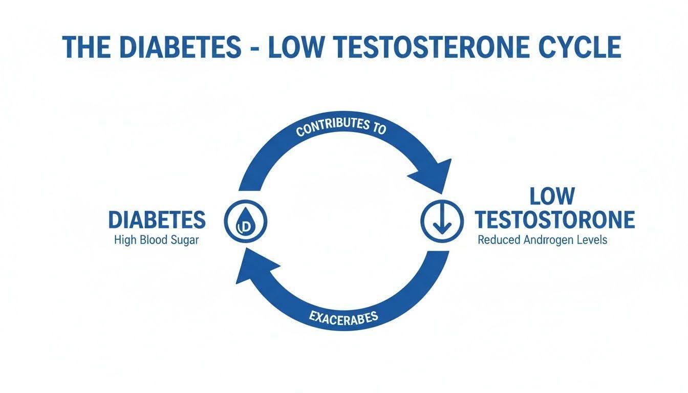 Diagram titled “The Low T-Sleep Disruption Cycle”: low testosterone, poor sleep quality, more low testosterone.