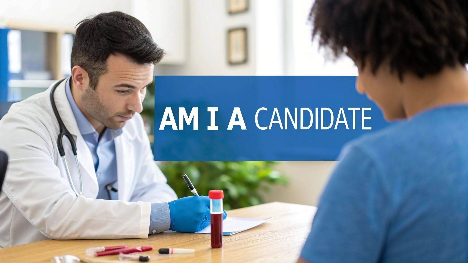 Doctor talking with a patient at a desk, with blue text reading “AM I A CANDIDATE”