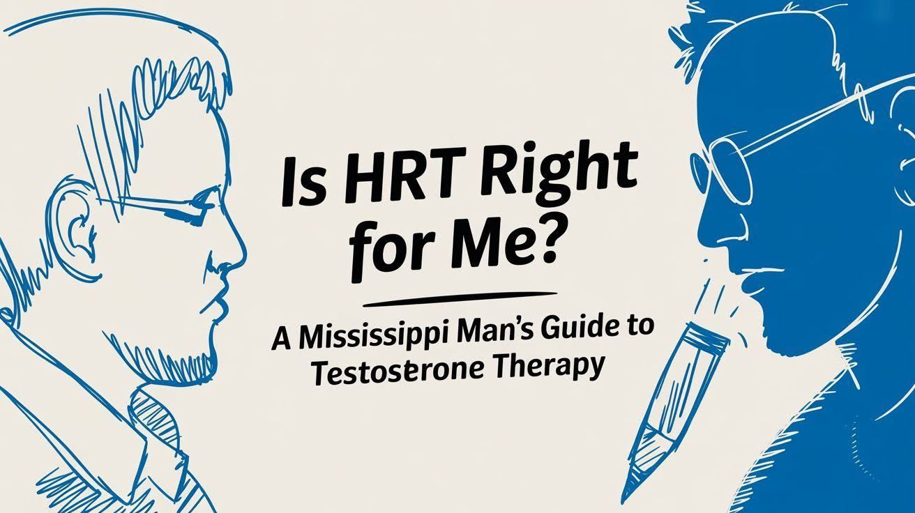 Blue-and-white title card reading “Is HRT Right for Me? A Mississippi Man’s Guide to Testosterone Therapy”
