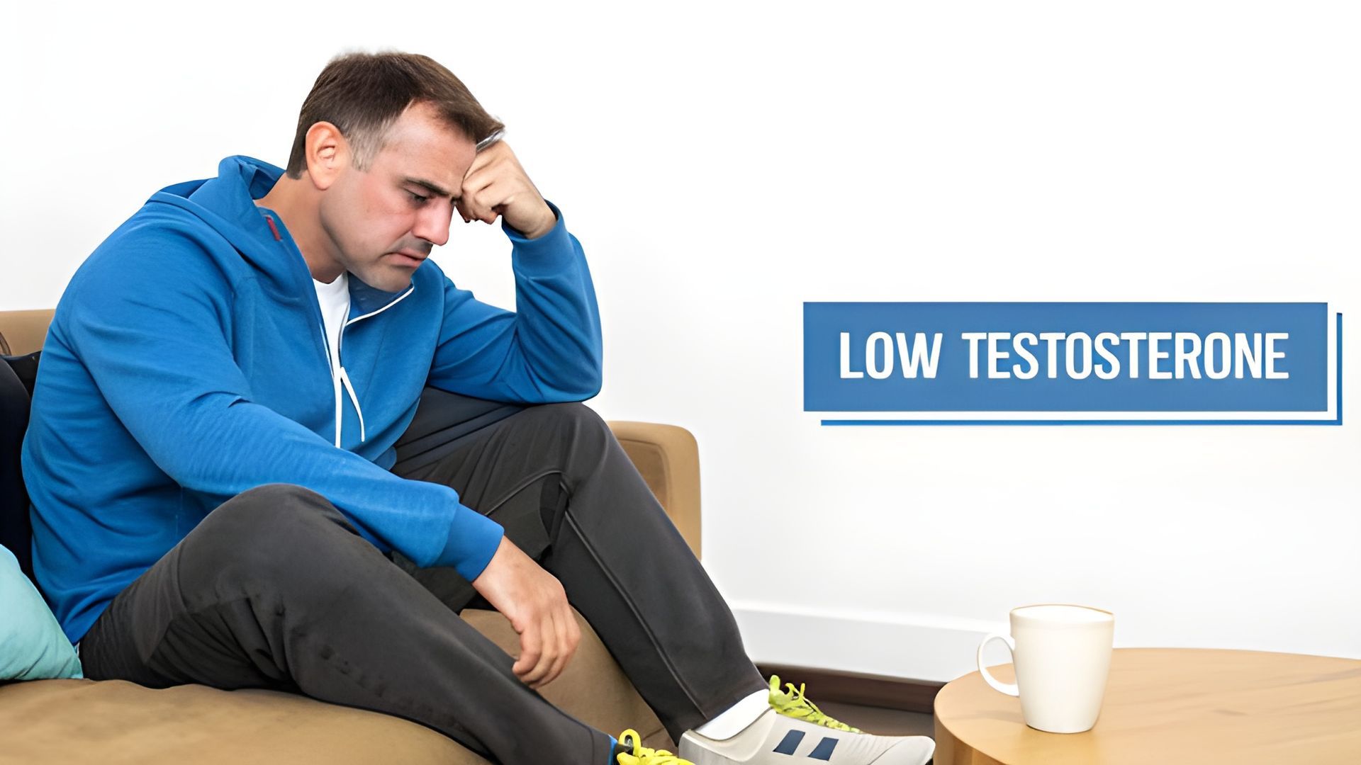 Man in blue sweater drinking coffee and reading a brochure at a kitchen table; text says “Is HRT Right?”