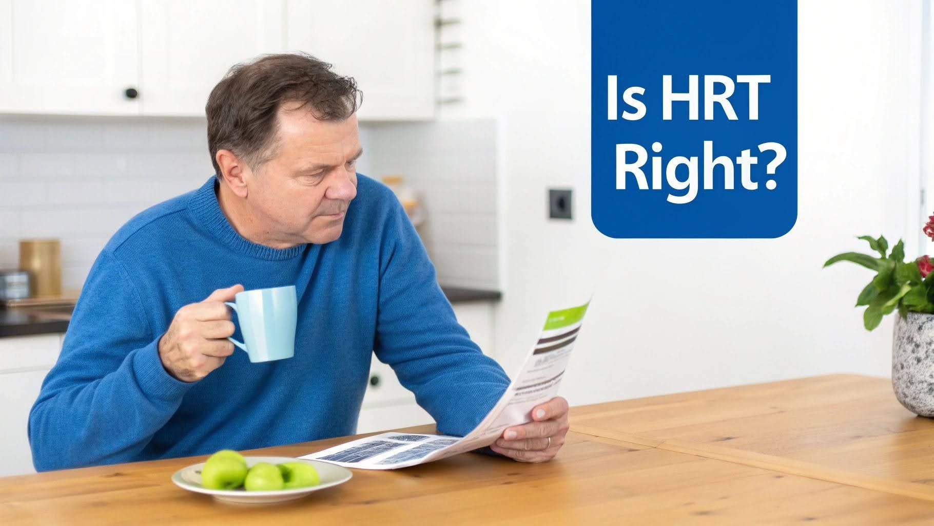 Man in blue sweater drinking coffee and reading a brochure at a kitchen table; text says “Is HRT Right?”
