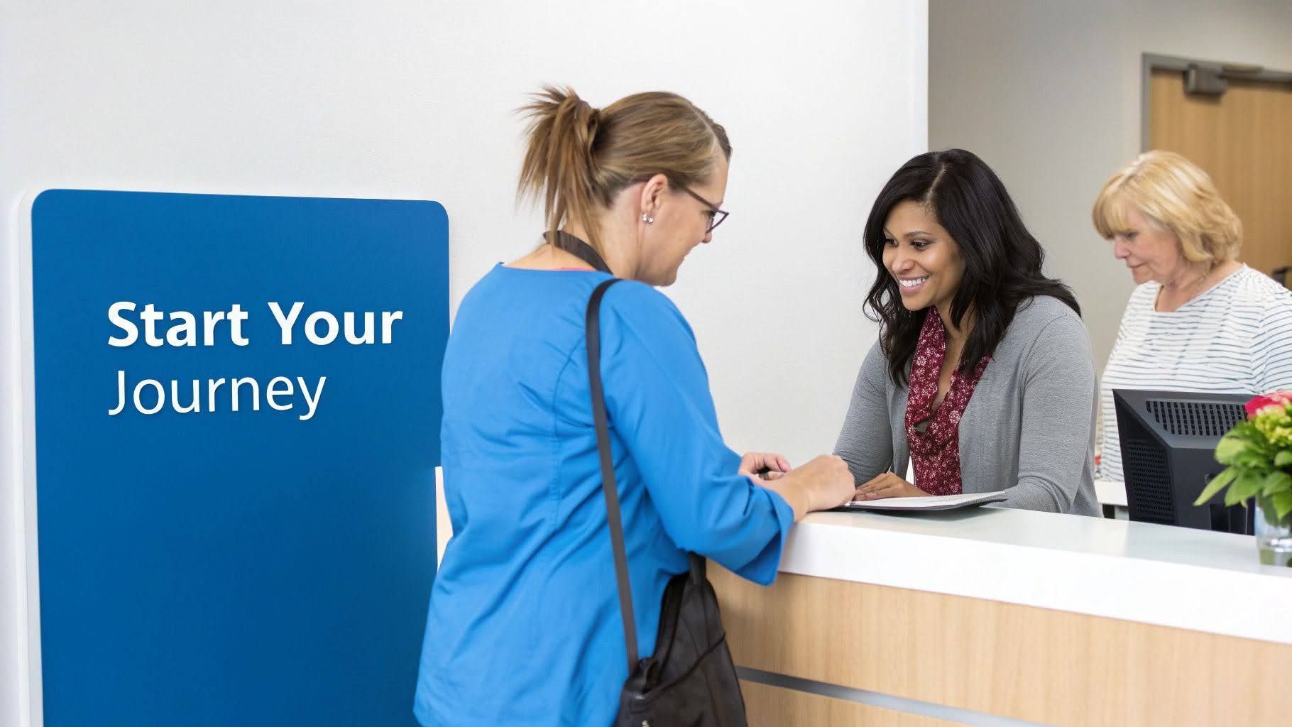Reception desk with “Start Your Journey” sign and two staff assisting a visitor