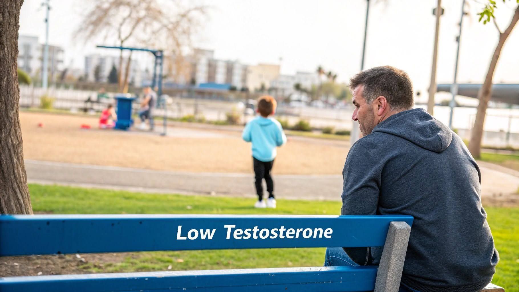 Man sitting on a park bench labeled “Low Testosterone,” watching a child in a park