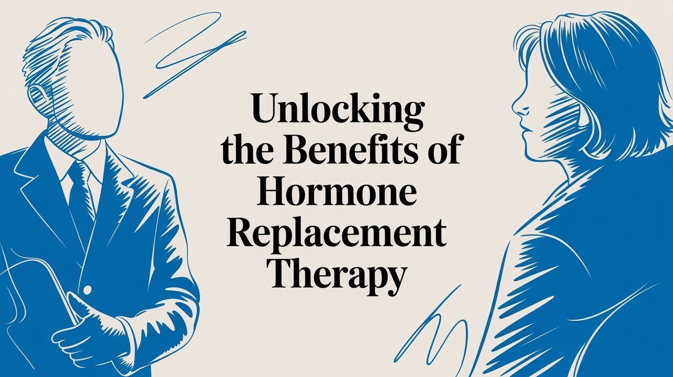Blue illustration of two people facing each other with text: “Unlocking the Benefits of Hormone Replacement Therapy”