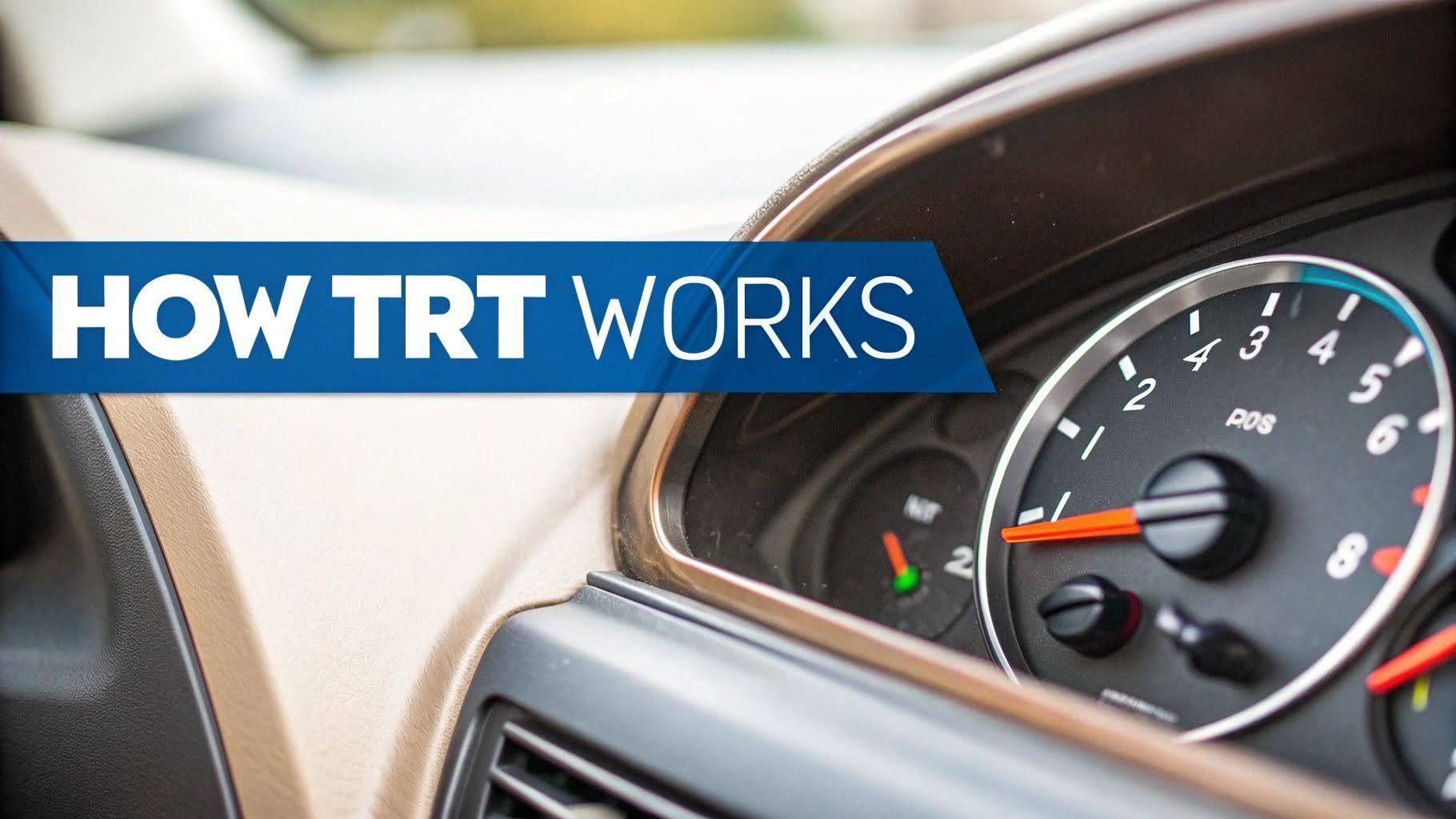 Car dashboard with speedometer and text banner reading “How TRT Works”