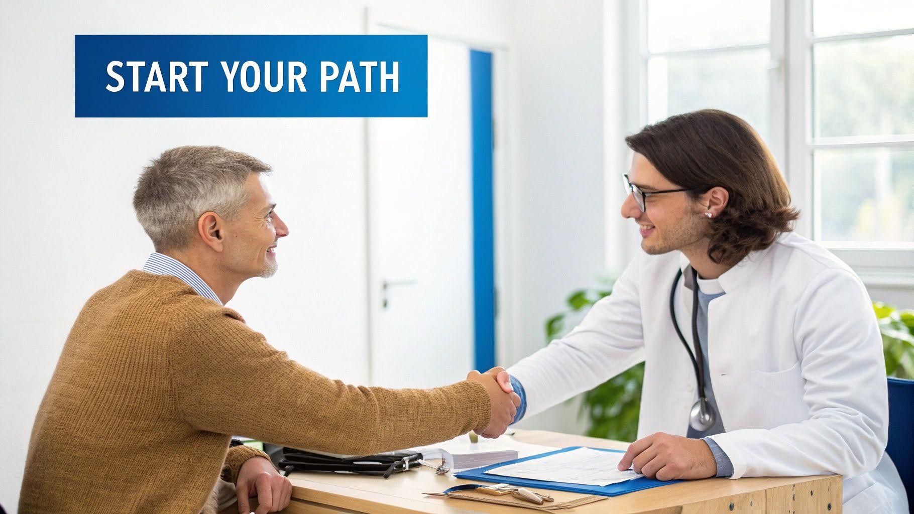 Doctor shaking hands with a patient across a desk, with “START YOUR PATH” text above.
