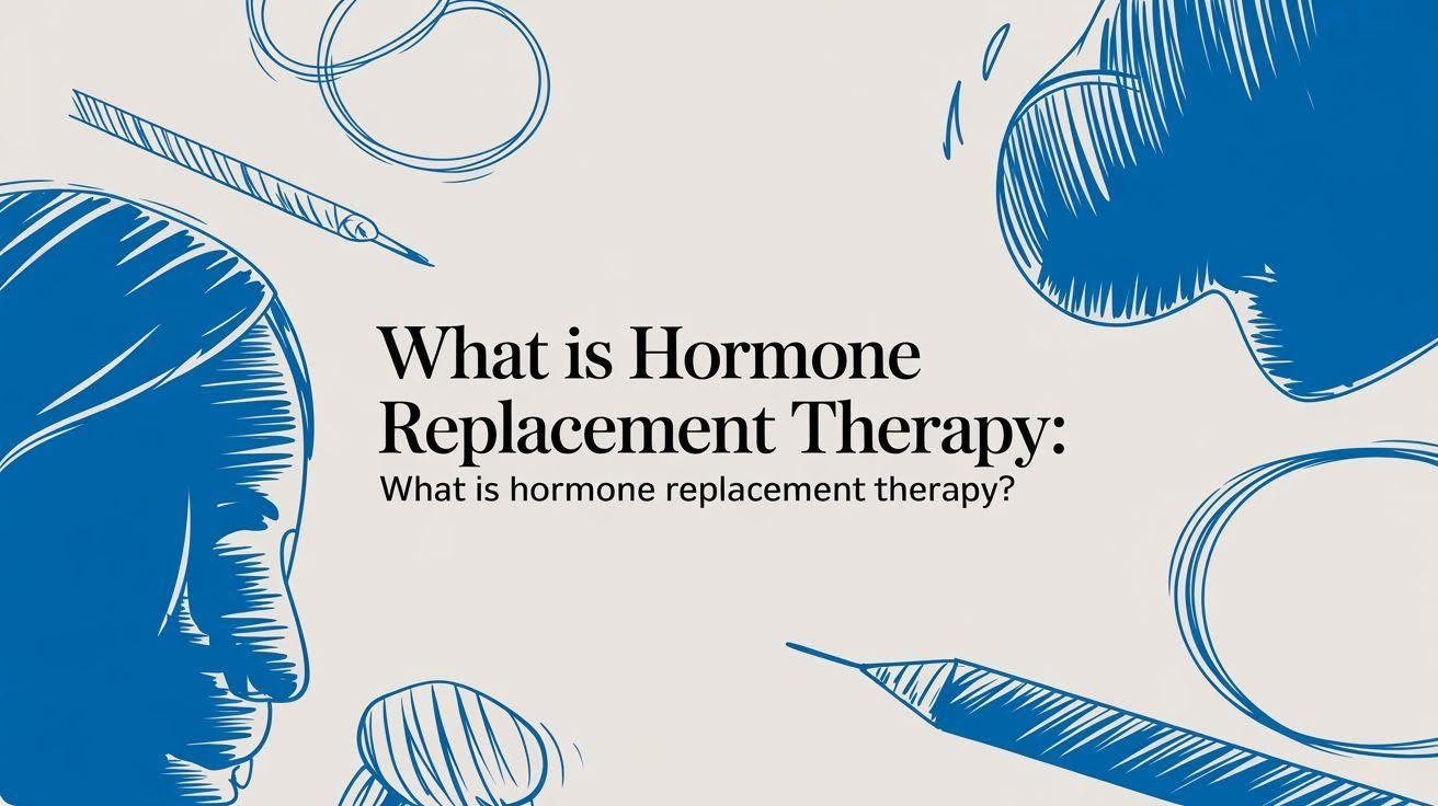Blue-and-white title slide reading “What is Hormone Replacement Therapy?” with abstract circles and brushstrokes