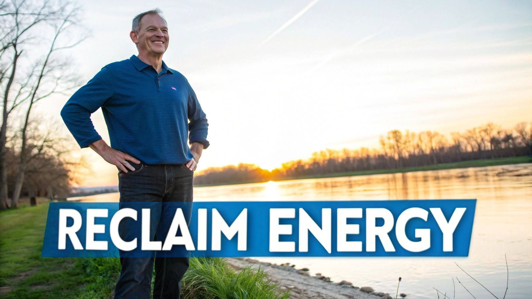 Man standing by a river at sunset with “RECLAIM ENERGY” text overlay