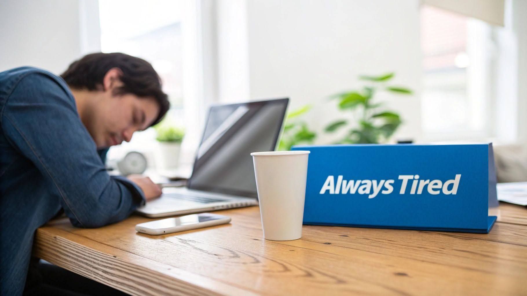 Exhausted person slumped over a desk beside a sign reading “Always Tired”