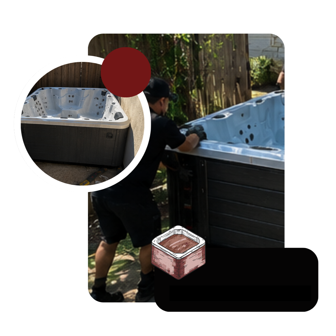 Residential spa movers loading hot tub onto flatbed trailer
