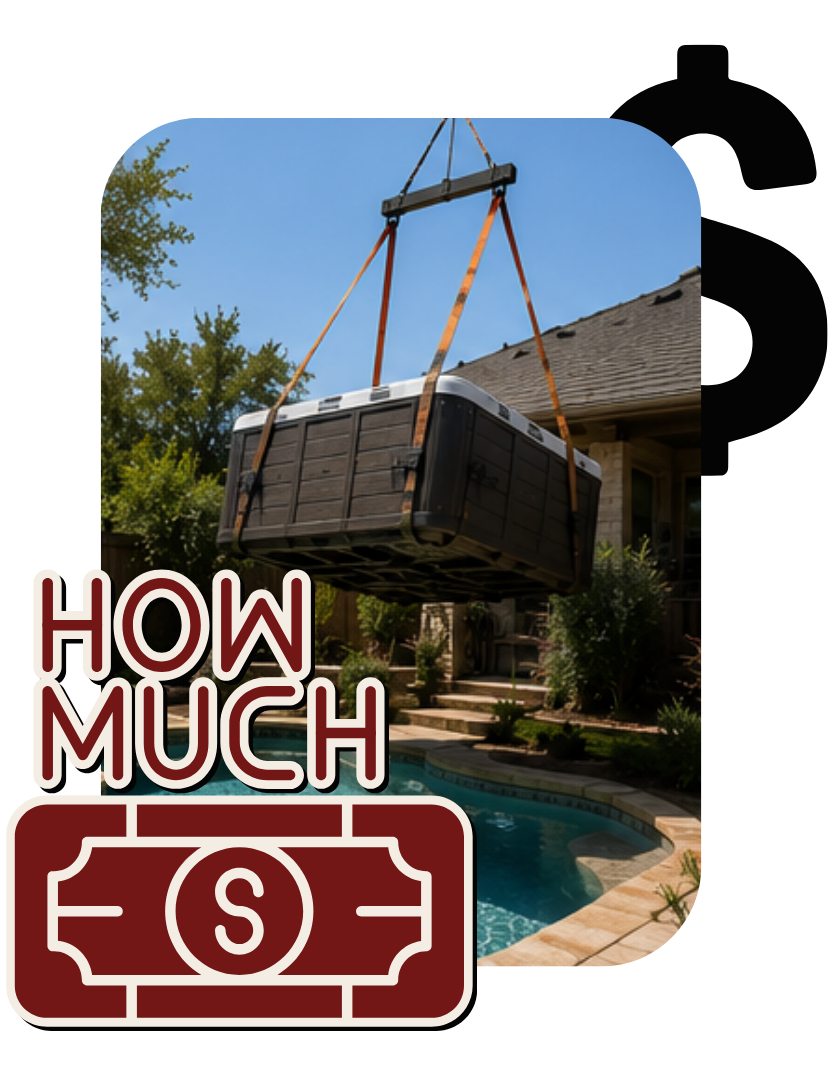 Hot tub moving team coordinating lift in suburban property